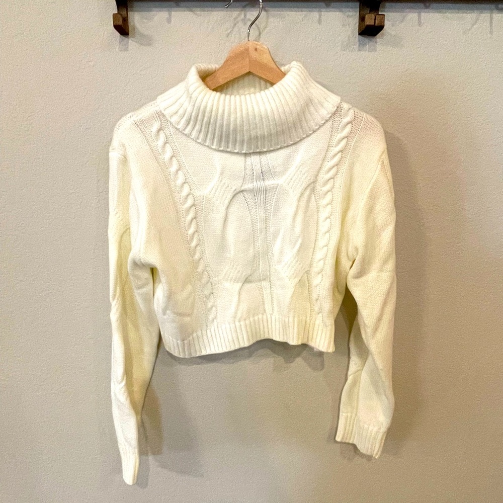 White Cowl Neck Crop Sweater